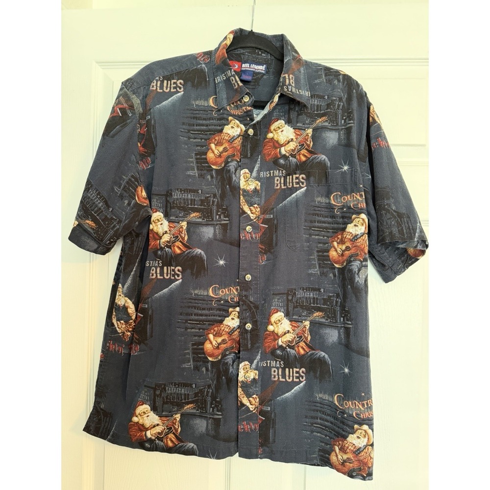 Reel Legends Santa Christmas Blues Shirt Mens Large Rockabilly Guitar Xmas